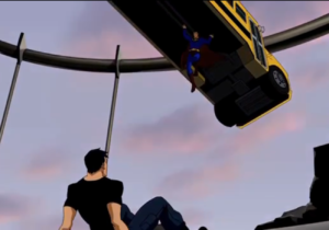 Superman and Superboy saving a school bus in the Cartoon Network show Young Justice, Season 1 , Episode 4, "Schooled"