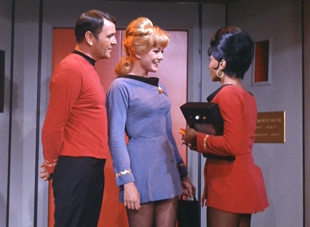 Scotty, Palamas, and Uhura on the bridge of the Enterprise