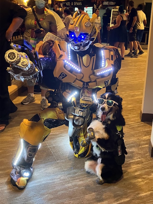 Bumblebee Transformer and dog at Dragon Con