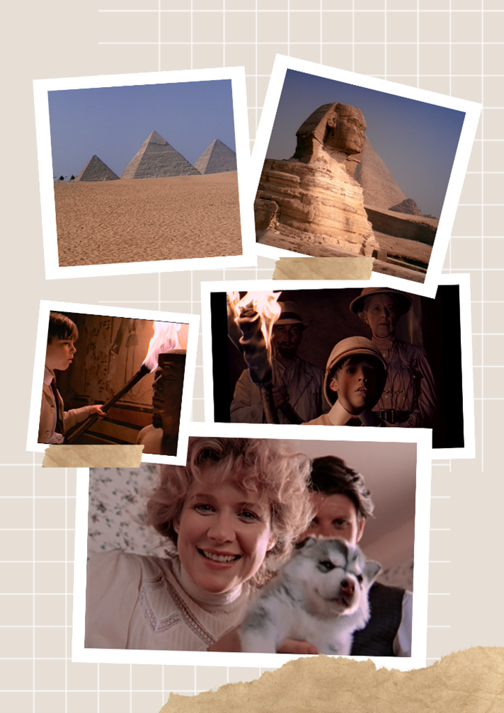 Young Indy Egypt collage with pyramids, Sphinx, and dog Indiana
